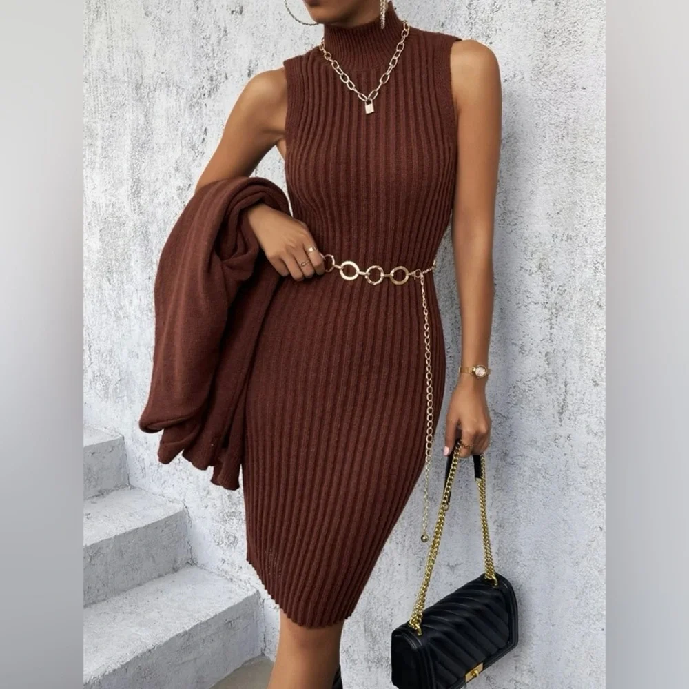 Drop Shoulder Duster Cardigan & Mock Neck Sweater Dress Without Belt - Picture 6 of 7